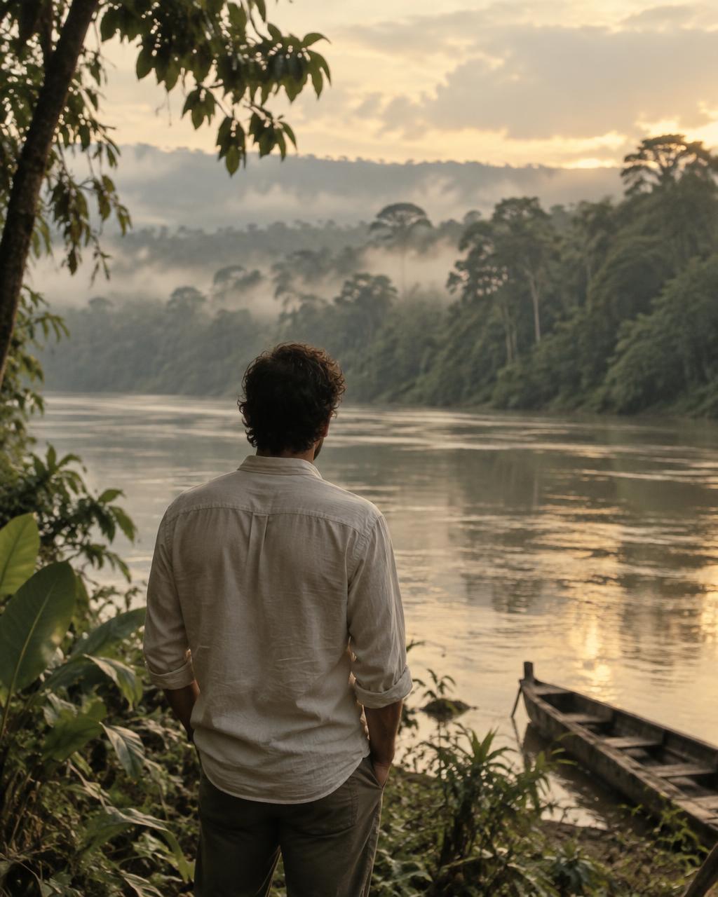 The host standing quietly on the bank of an Amazon river